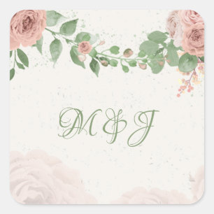 pink blush flowers green leaves with initials square sticker