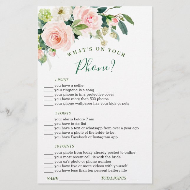 Pink Blush Flowers Greenery Bridal Shower Game (Front)