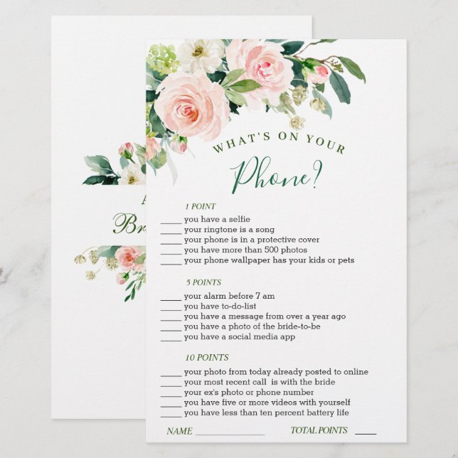 Pink Blush Flowers Greenery Bridal Shower Game (Front/Back)