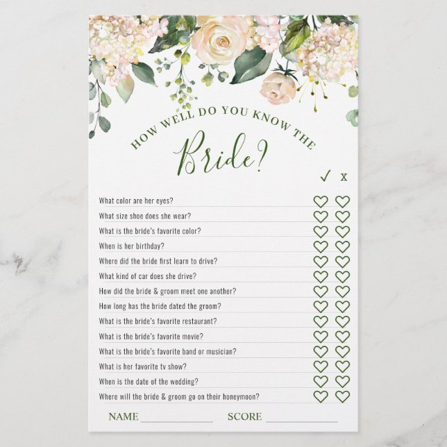 Pink Blush Flowers Greenery Bridal Shower Game (Front)