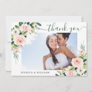 Pink Blush Flowers Greenery Floral PHOTO Thank You Card