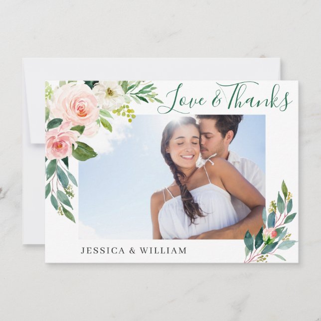Pink Blush Flowers Greenery Floral PHOTO Thank You Card (Front)