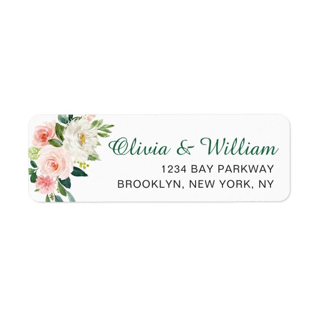 Pink Blush Flowers Greenery Floral Return Address Label (Front)