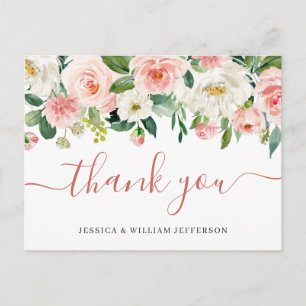 Pink Blush Flowers Greenery Floral Thank You Postcard