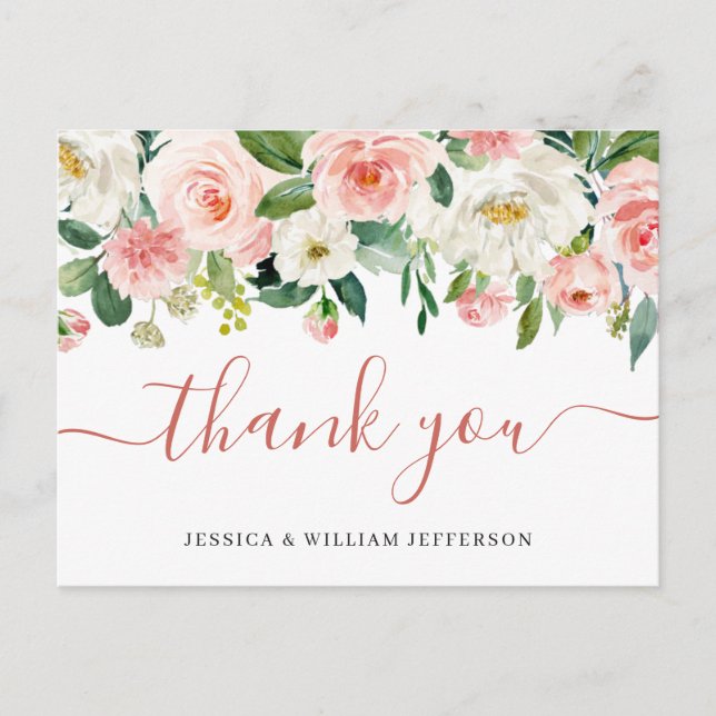 Pink Blush Flowers Greenery Floral Thank You Postcard (Front)