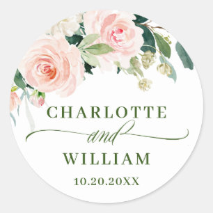 Pink Blush Flowers Greenery Floral Wedding Classic Round Sticker