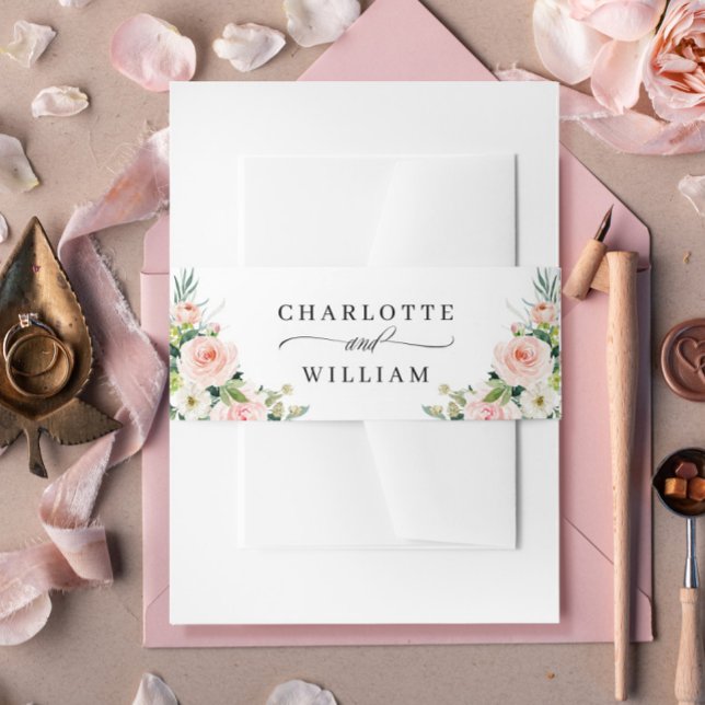 Pink Blush Flowers Greenery Floral Wedding Invitation Belly Band (Creator Uploaded)