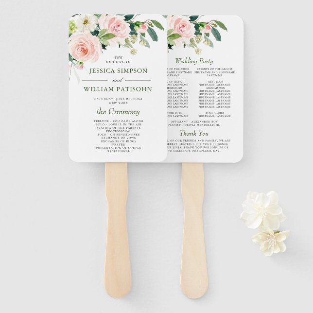 Pink Blush Flowers Greenery Floral Wedding Program Hand Fan (Front and Back)