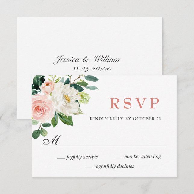 Pink Blush Flowers Greenery Watercolor Wedding RSVP Card (Front/Back)