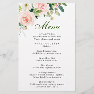 Pink Blush Flowers Greenery Wedding Dinner Menu