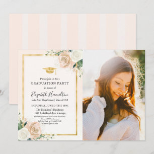 Pink Blush & Foil Gold Floral Grad Party Photo Invitation