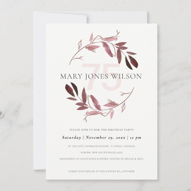 PINK BLUSH FOLIAGE WREATH ANY AGE 75 BIRTHDAY CARD (Front)