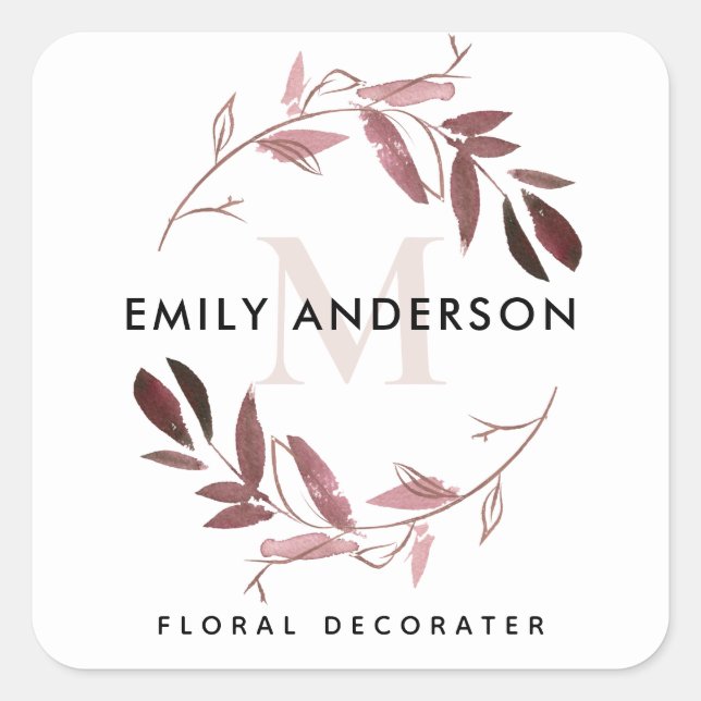 PINK BLUSH FOLIAGE WREATH PROFESSIONAL MONOGRAM SQUARE STICKER (Front)