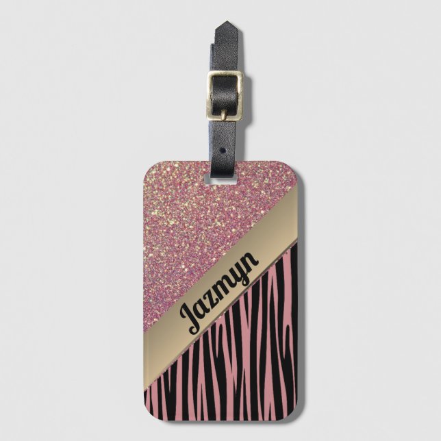 Pink Blush Glam Zebra Print Personalised Luggage Tag (Front Vertical)