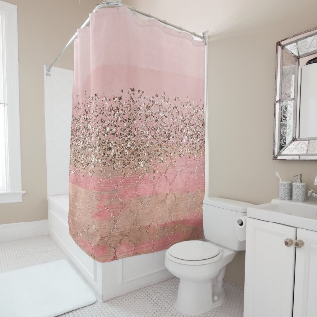 Pink Blush Glitter Moroccan Indian Princess Glam Shower Curtain (In Situ)