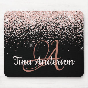 Pink Blush Glitter Name and Monogram Mouse Pad