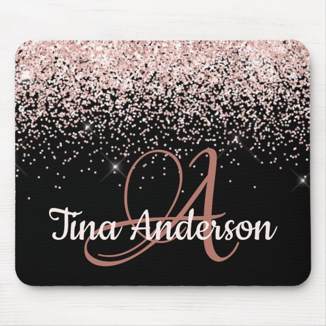 Pink Blush Glitter Name and Monogram Mouse Pad (Front)