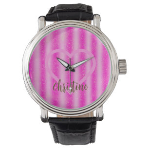 Pink Blush Glitter Stripes Heart Watch