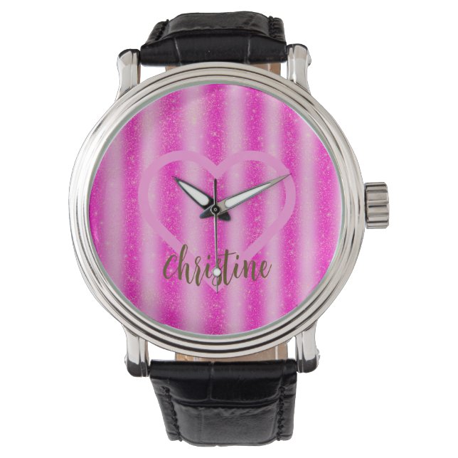 Pink Blush Glitter Stripes Heart Watch (Front)