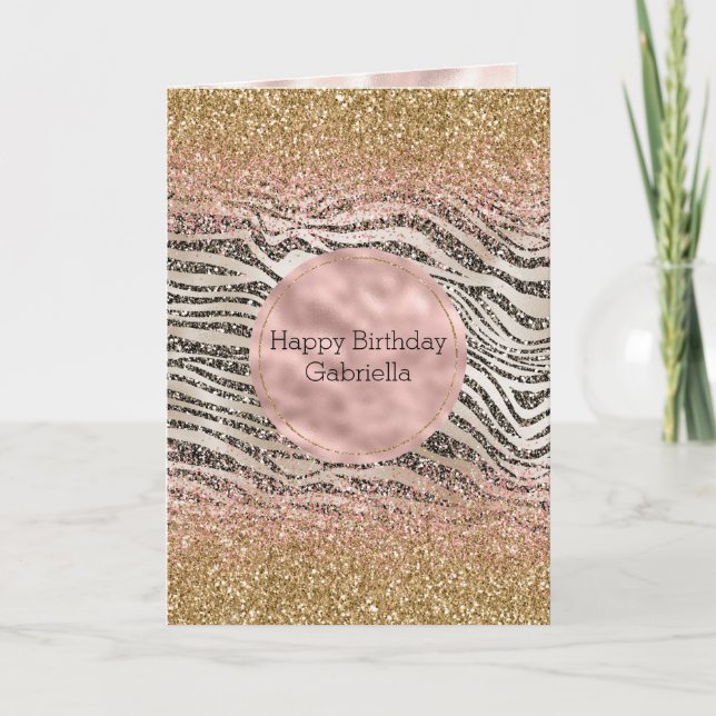 Pink Blush Gold Black Glitzy Glitter Zebra Print Card (Front)