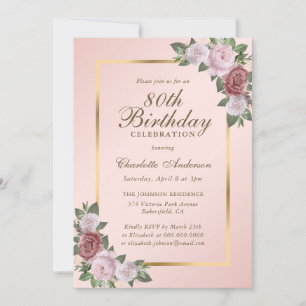 Pink Blush Gold Floral 80th Birthday Invitation