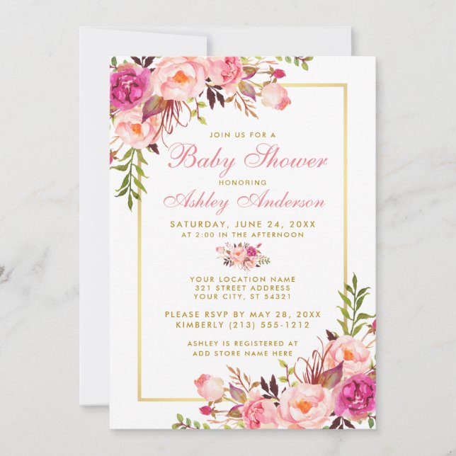 Pink Blush Gold Floral Baby Shower Invitation PSG (Front)