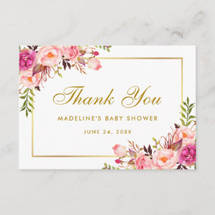 Pink Blush Gold Floral Baby Shower Thanks Thank You Card