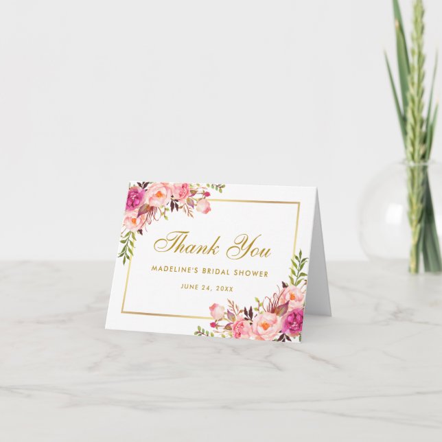 Pink Blush Gold Floral Bridal Shower Thanks Note Thank You Card (Front)