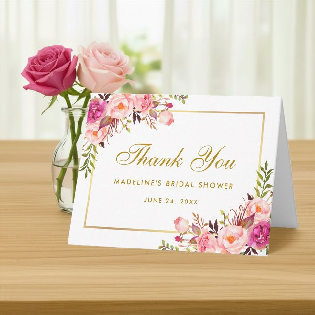 Pink Blush Gold Floral Bridal Shower Thanks Note Thank You Card (Customize to add text to inside of card.)