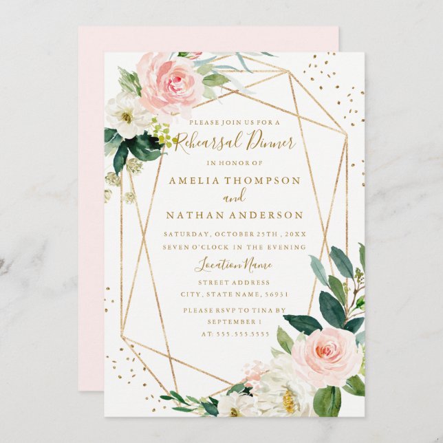 Pink Blush Gold Floral Geometric Rehearsal Dinner Invitation (Front/Back)