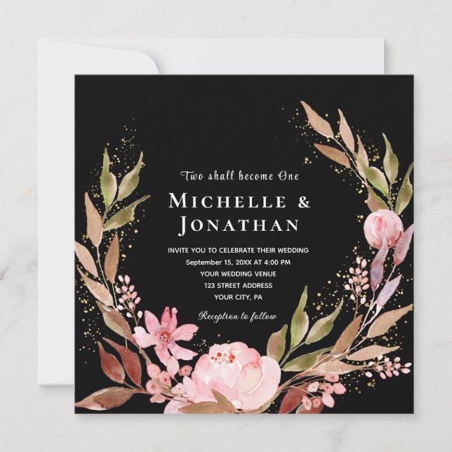 Pink Blush Gold Floral on Black Christian Wedding Invitation (Front)