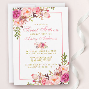 Pink Blush Gold Floral Sweet 16 Birthday Invite