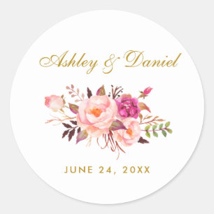 Pink Blush Gold Floral Wedding Classic Round Sticker