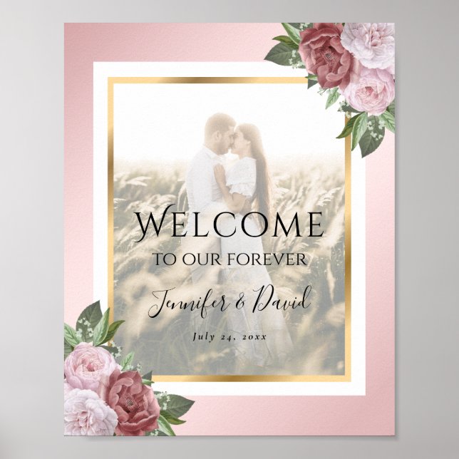 Pink Blush Gold Floral Wedding Photo Welcome Sign (Front)