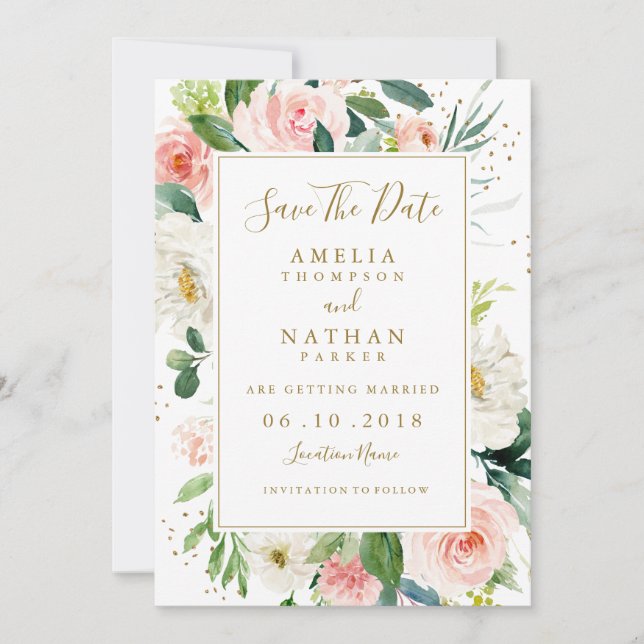 Pink Blush Gold Floral Wedding Save The Date (Front)