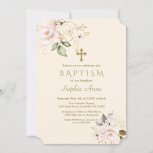 Pink Blush Gold Flowers Cross Champagne Baptism Invitation