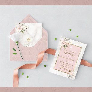 Pink Blush Gold Invitacion De Bautizo Con Flores Invitation