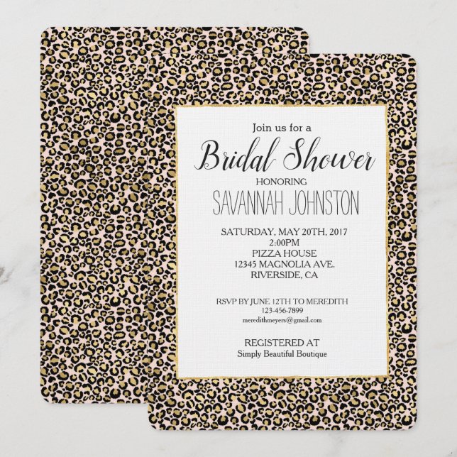 Pink Blush Gold Leopard Print Bridal Shower Invitation (Front/Back)