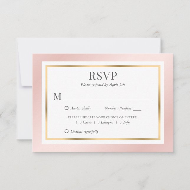 Pink Blush Gold Meal Choices Elegant Wedding RSVP Card (Front)