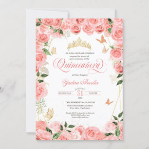 Pink Blush Gold Rose Elegant Butterfly Quinceanera Invitation