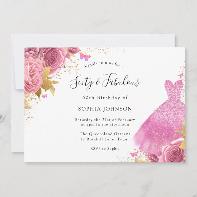 Pink Blush Gold Sparkle Dress Floral 60th Birthday Invitation (Front)