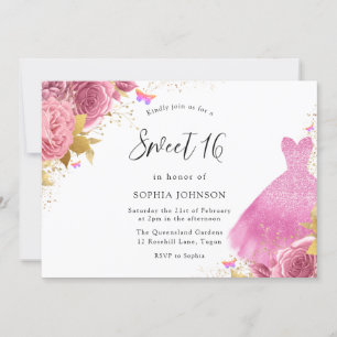 Pink Blush & Gold Sparkle Dress Floral Sweet 16 Invitation