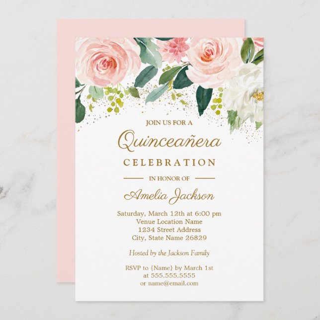 Pink Blush Gold Watercolor Floral Quinceanera Invitation (Front/Back)