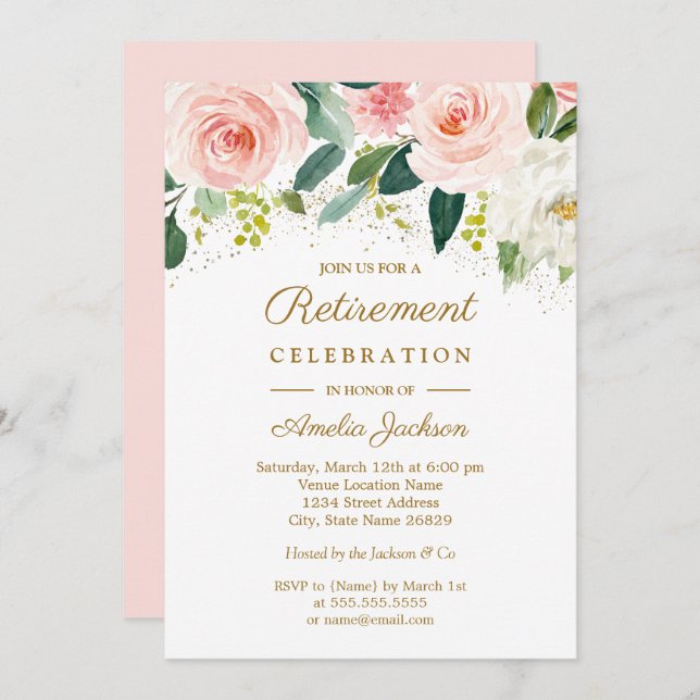 Pink Blush Gold Watercolor Floral Retirement Party Invitation (Front/Back)