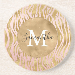 Pink Blush Gold Zebra Print Glitz Sparkle Coaster