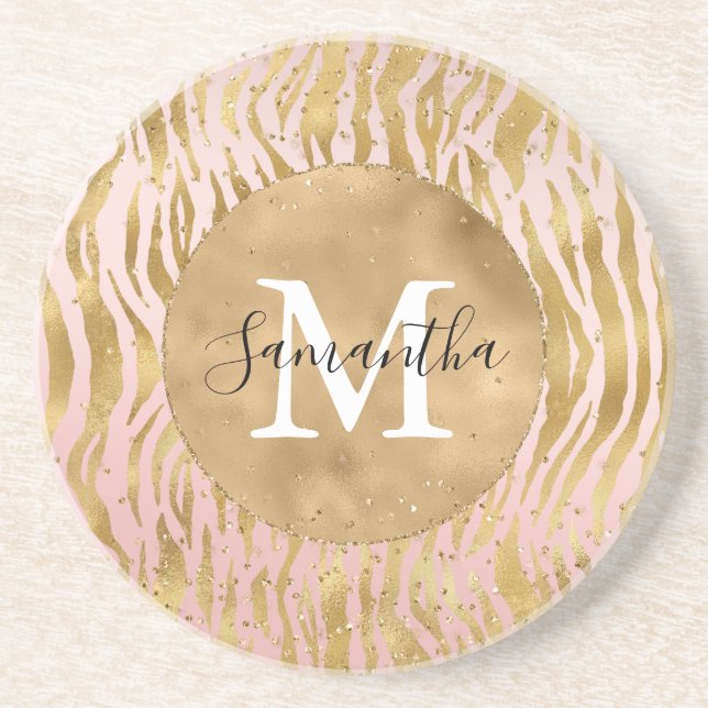 Pink Blush Gold Zebra Print Glitz Sparkle      Coaster (Front)