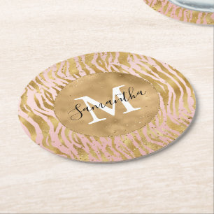 Pink Blush Gold Zebra Print Glitz Sparkle Round Paper Coaster