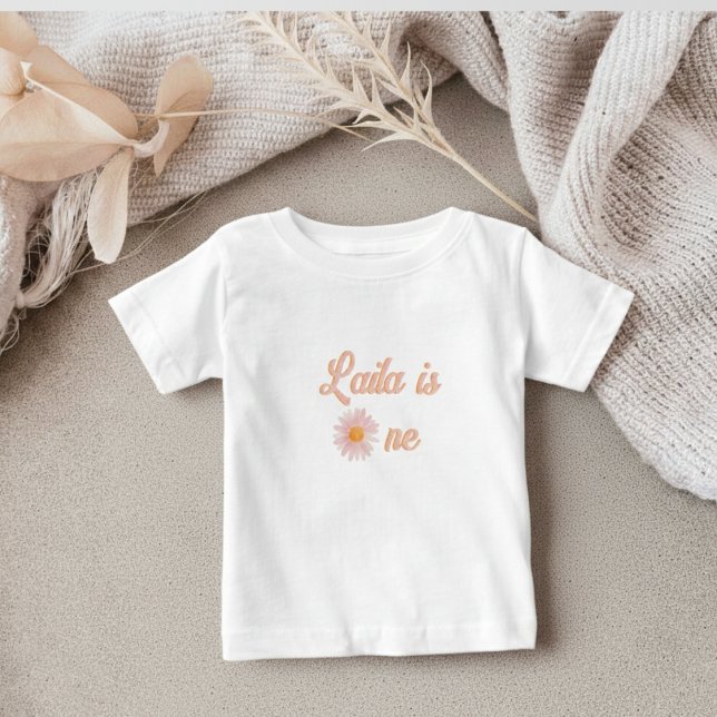 Pink Blush Groovy Daisy Birthday Personalised Baby T-Shirt (Creator Uploaded)