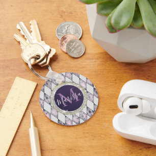 Pink Blush Harlequin Monogram   Key Ring