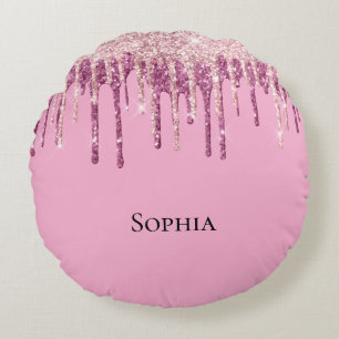 Pink Blush Ice Cream Glitter Drips Round Cushion